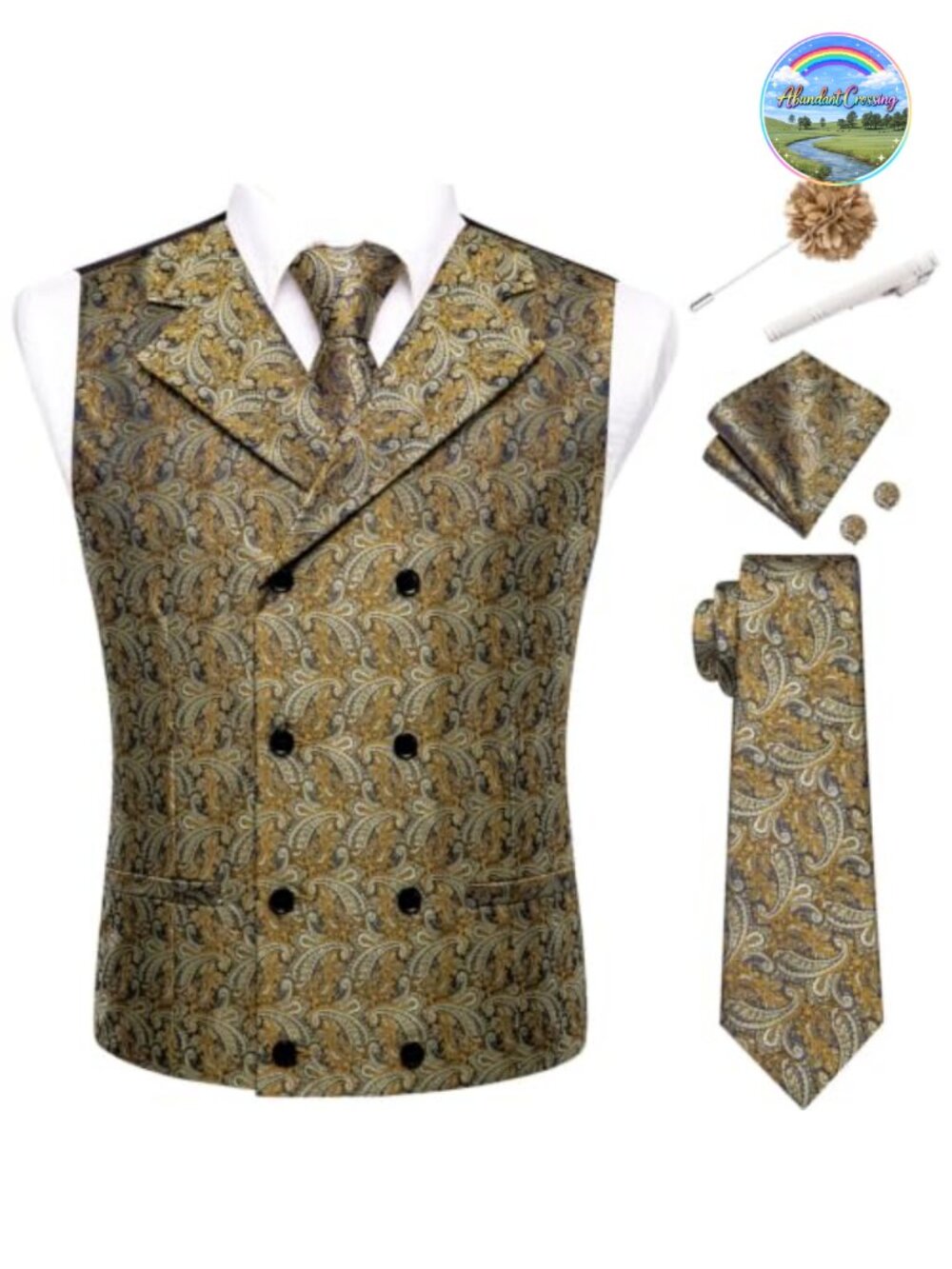 Mens Double Breasted Suit Vest Tie Set 7 Pc Silk Paisley Wedding Formal